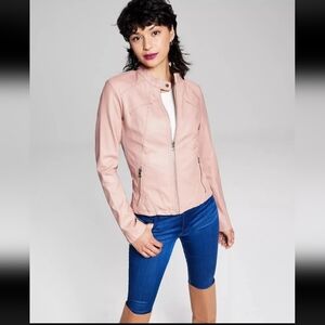 Guess Faux Leather Biker Jacket Moto Coat Light Pink Full Zip